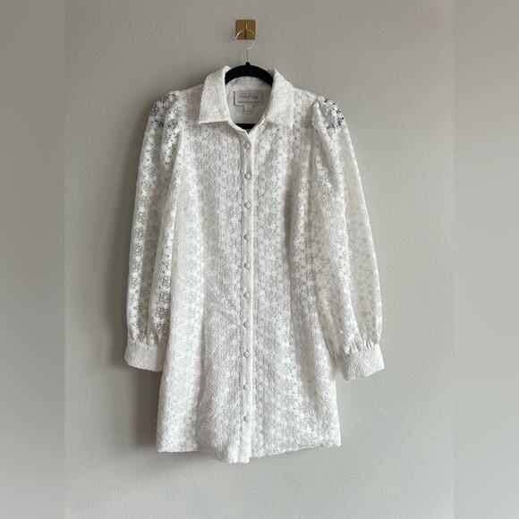 Mare Mare x Anthropologie White Lace Mod Mini Dress | 70s Puff Sleeve Retro Boho - Picture 1 of 9